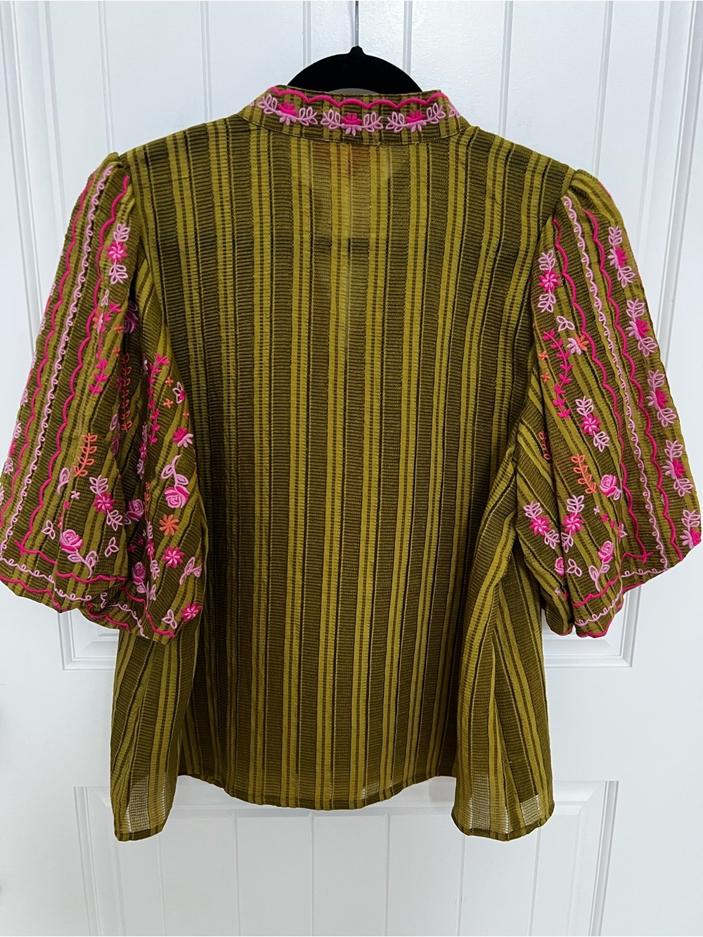 NWOT! THML Olive Embroidered Puff Sleeve Blouse | Pink Floral Embroidery - Picture 8 of 8